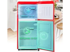 Frigorífico 22L+38L, porta dupla com LED e pés ajustáveis, classe E, -27°C-13°C, 102 kWh/ano, Vermelho, 42x45.5x88.8cm