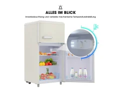 Frigorífico retro, frigorífico de porta dupla superior e inferior, volume total de 72 litros, com volume de congelador de 21 litros, 120 kWh/ano, luz LED