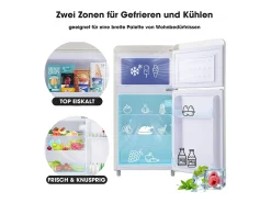 Frigorífico retro, frigorífico de porta dupla superior e inferior, volume total de 72 litros, com volume de congelador de 21 litros, 120 kWh/ano, luz LED