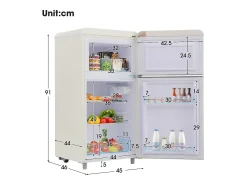 Frigorífico retro, frigorífico de porta dupla superior e inferior, volume total de 72 litros, com volume de congelador de 21 litros, 120 kWh/ano, luz LED