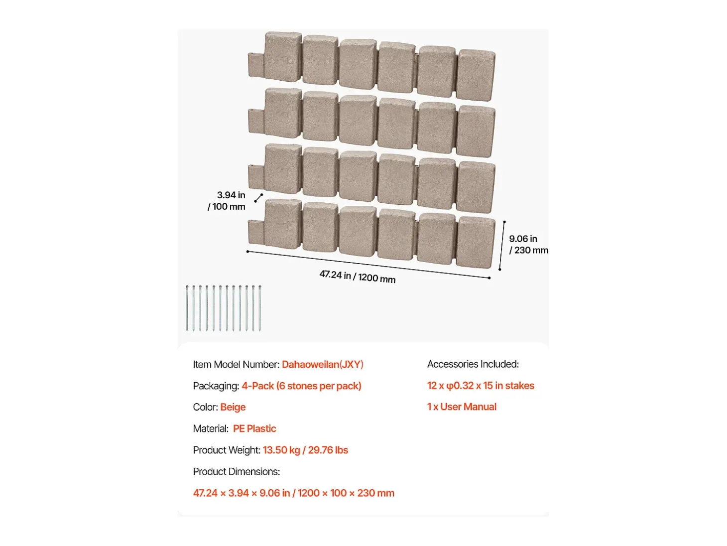 Fronteiras para Plantar SucceBuy Orla de Jardim com Imitação de Pedra Natural 1200 x 100 x 230 mm