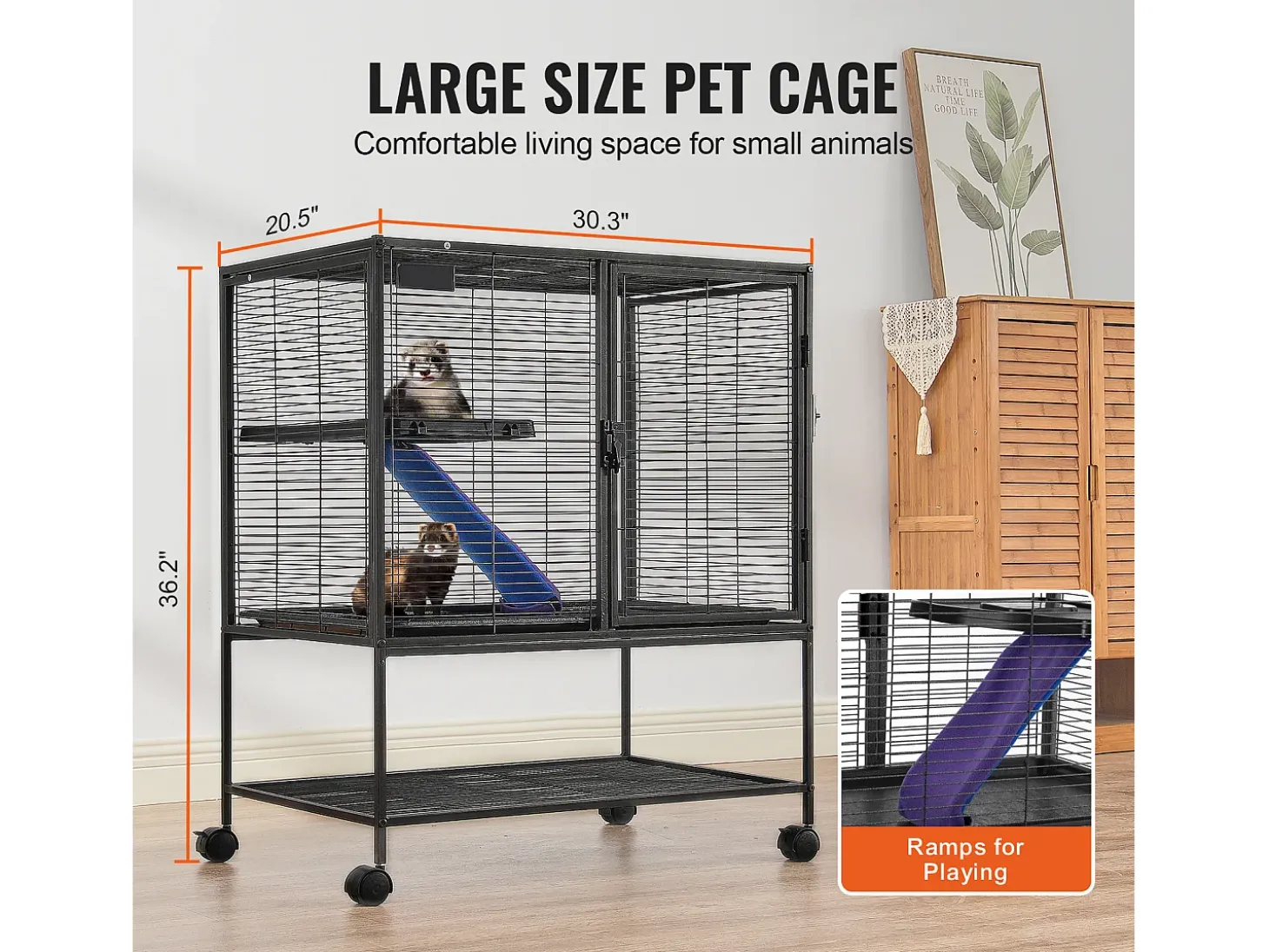 Gaiola para Furões SucceBuy de Metal, 2 Níveis com Rodas de 91,4 cm, com Prato e Rampa para Animais Pequenos