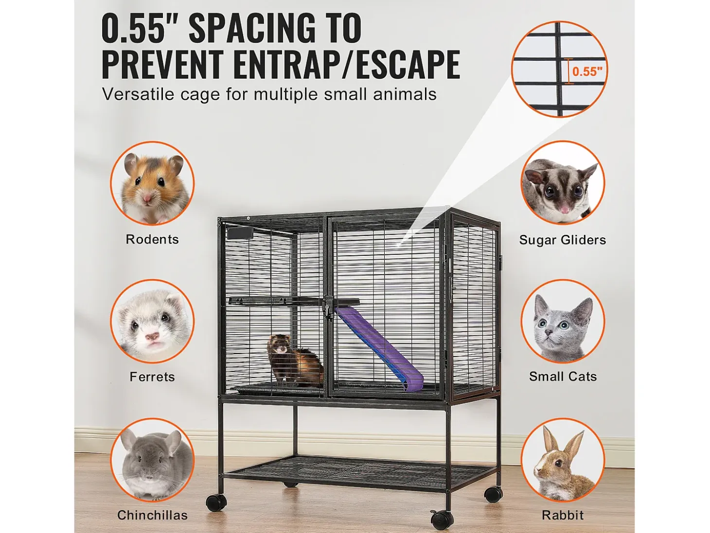 Gaiola para Furões SucceBuy de Metal, 2 Níveis com Rodas de 91,4 cm, com Prato e Rampa para Animais Pequenos