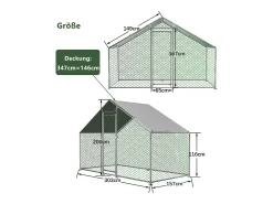 Galinheiro metálico com fecho de segurança e cobertura impermeável em PE, 3,03 x 1,57 x 2 m