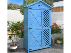 Galpão de jardim de madeira maciça com telhado inclinado resistente às intempéries - 2 portas, 3 prateleiras - 90 x 56,5 x 175,3 cm - Azul