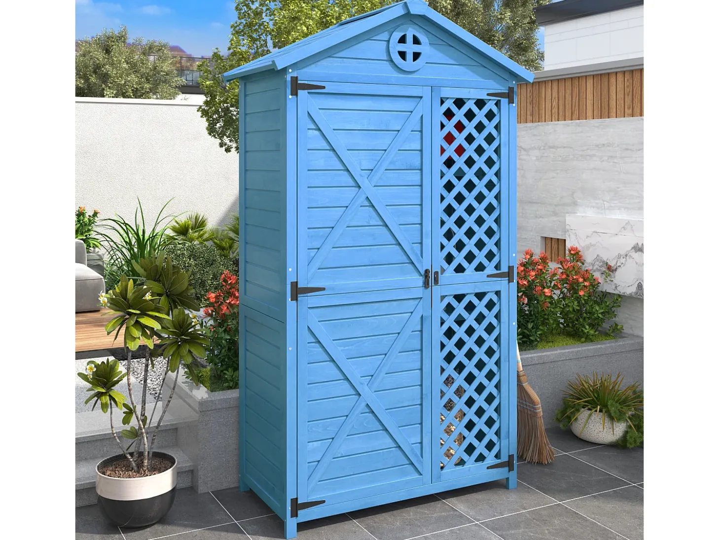 Galpão de jardim de madeira maciça com telhado inclinado resistente às intempéries - 2 portas, 3 prateleiras - 90 x 56,5 x 175,3 cm - Azul