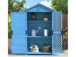 Galpão de jardim de madeira maciça com telhado inclinado resistente às intempéries - 2 portas, 3 prateleiras - 90 x 56,5 x 175,3 cm - Azul