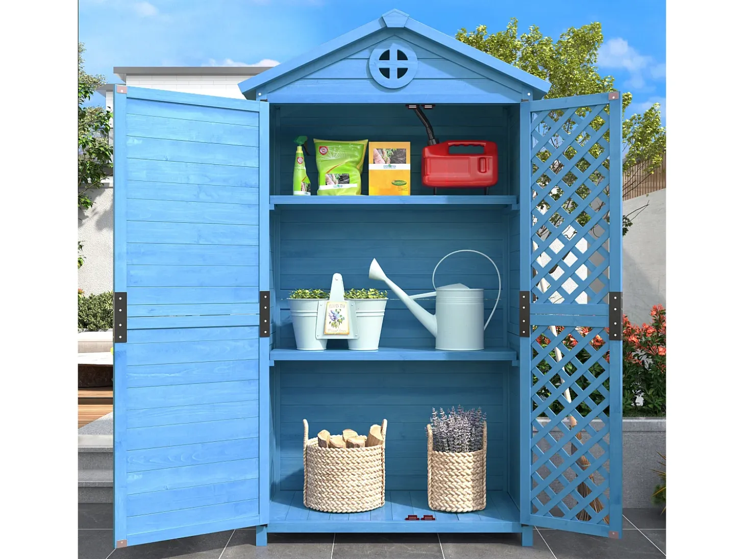 Galpão de jardim de madeira maciça com telhado inclinado resistente às intempéries - 2 portas, 3 prateleiras - 90 x 56,5 x 175,3 cm - Azul