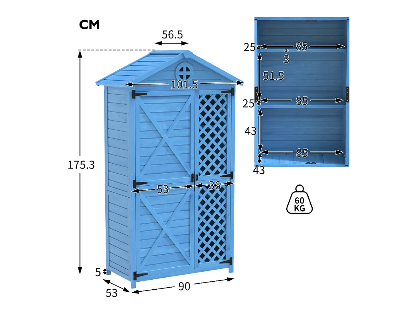 Galpão de jardim de madeira maciça com telhado inclinado resistente às intempéries - 2 portas, 3 prateleiras - 90 x 56,5 x 175,3 cm - Azul