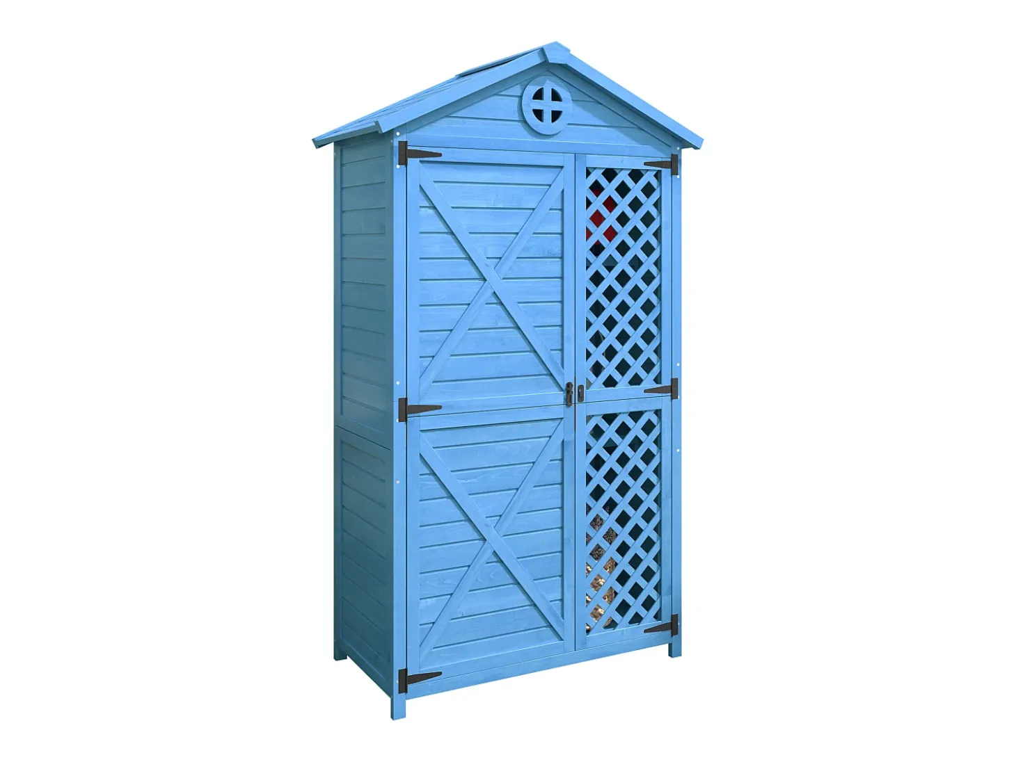 Galpão de jardim de madeira maciça com telhado inclinado resistente às intempéries - 2 portas, 3 prateleiras - 90 x 56,5 x 175,3 cm - Azul