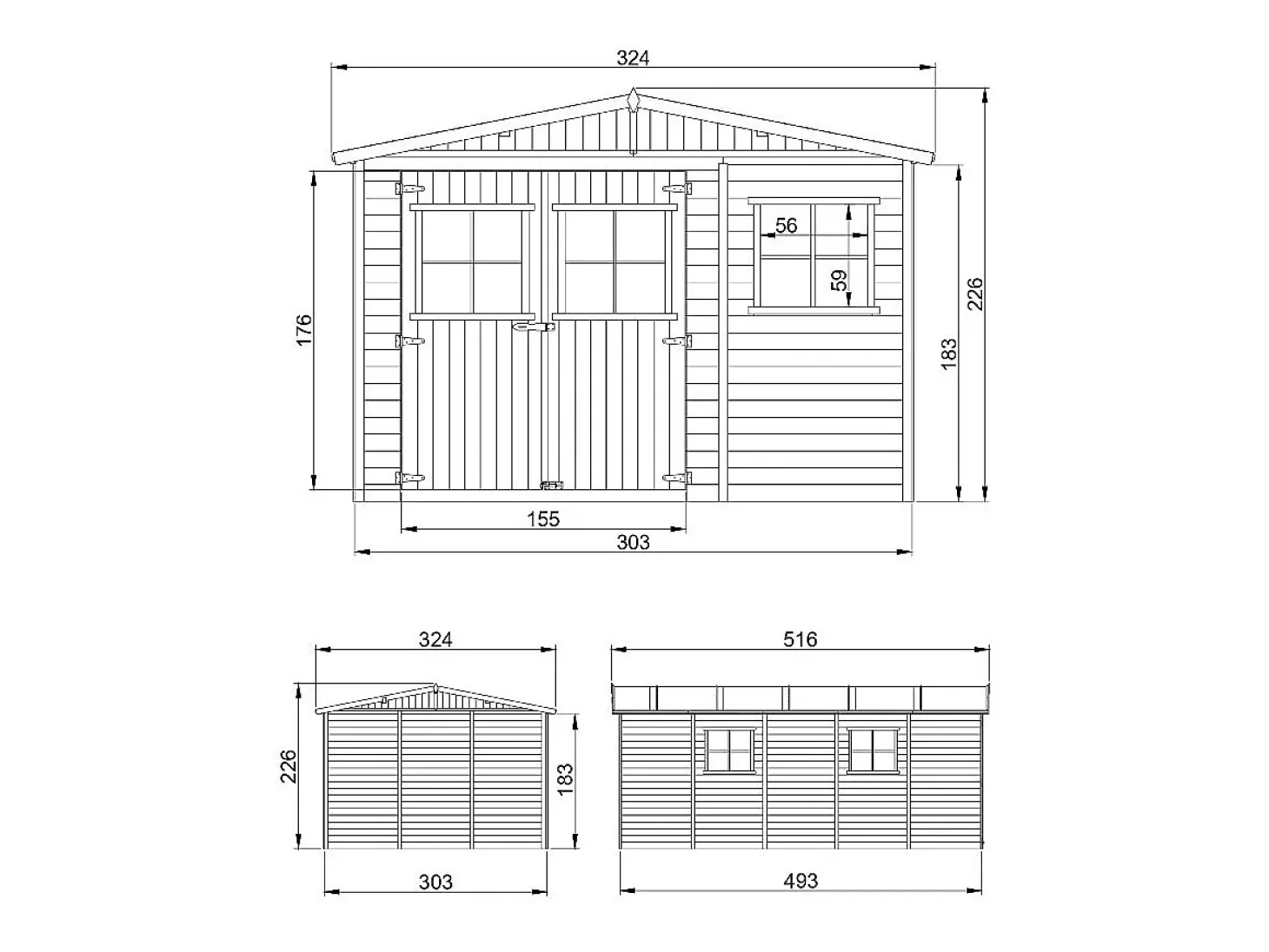 Galpão de madeira - 14.94 m² / H226x516x324 cm - M337+M337G