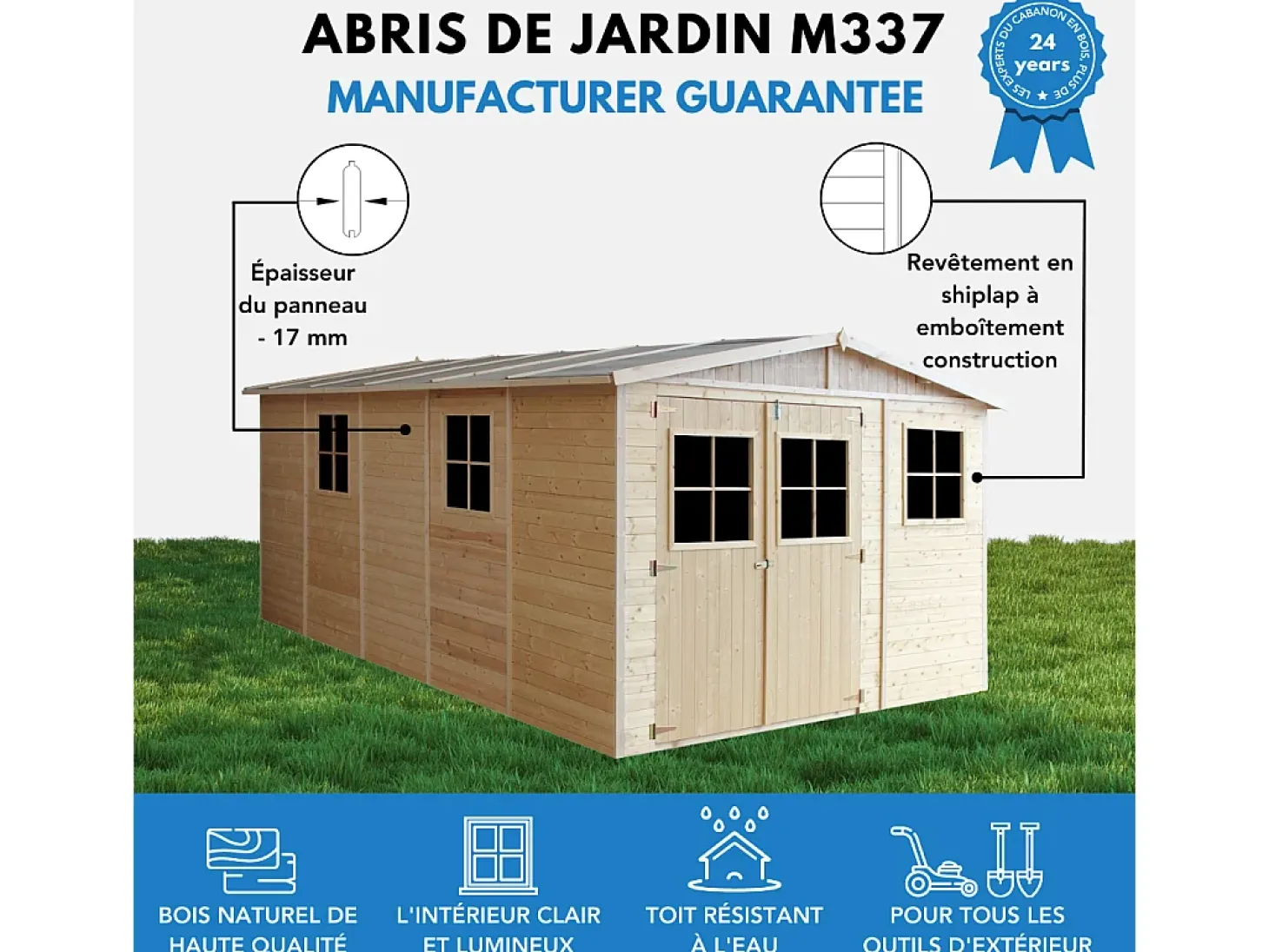 Galpão de madeira - 14.94 m² / H226x516x324 cm - M337+M337G