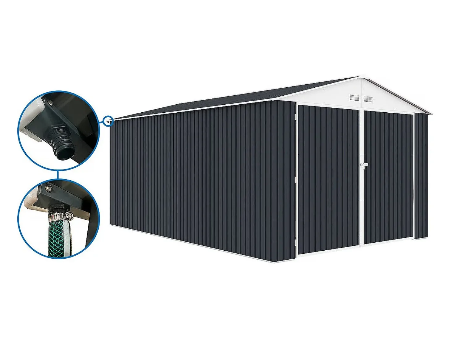 Garagem de metal "Houston" cinza com calha - 15,36 m² de armazenamento externo