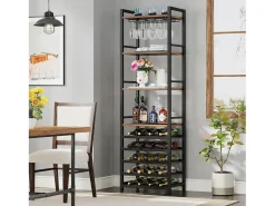 Gaveta de Vinhos, Estante para Garrafas Autônoma com 9 andares, com Suporte de Vidro e Prateleiras de Armazenamento, Gaveta para Garrafas de Vinho, Marrom Rústico