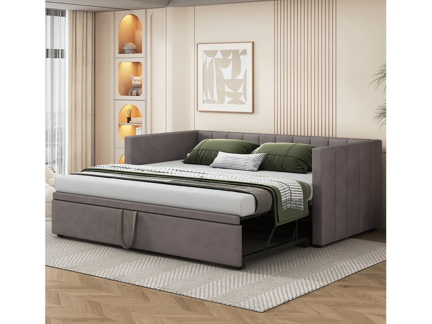 Gaveta estofada 90/180x200cm sofá cama em tecido veludo com base de ripas - Cinza