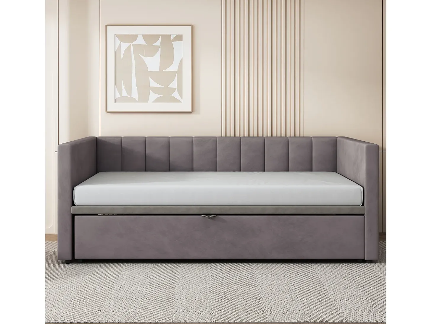 Gaveta estofada 90/180x200cm sofá cama em tecido veludo com base de ripas - Cinza