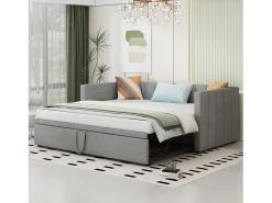 Gaveta estofada 90/180x200cm sofá cama em tecido veludo com base de ripas - Cinza claro
