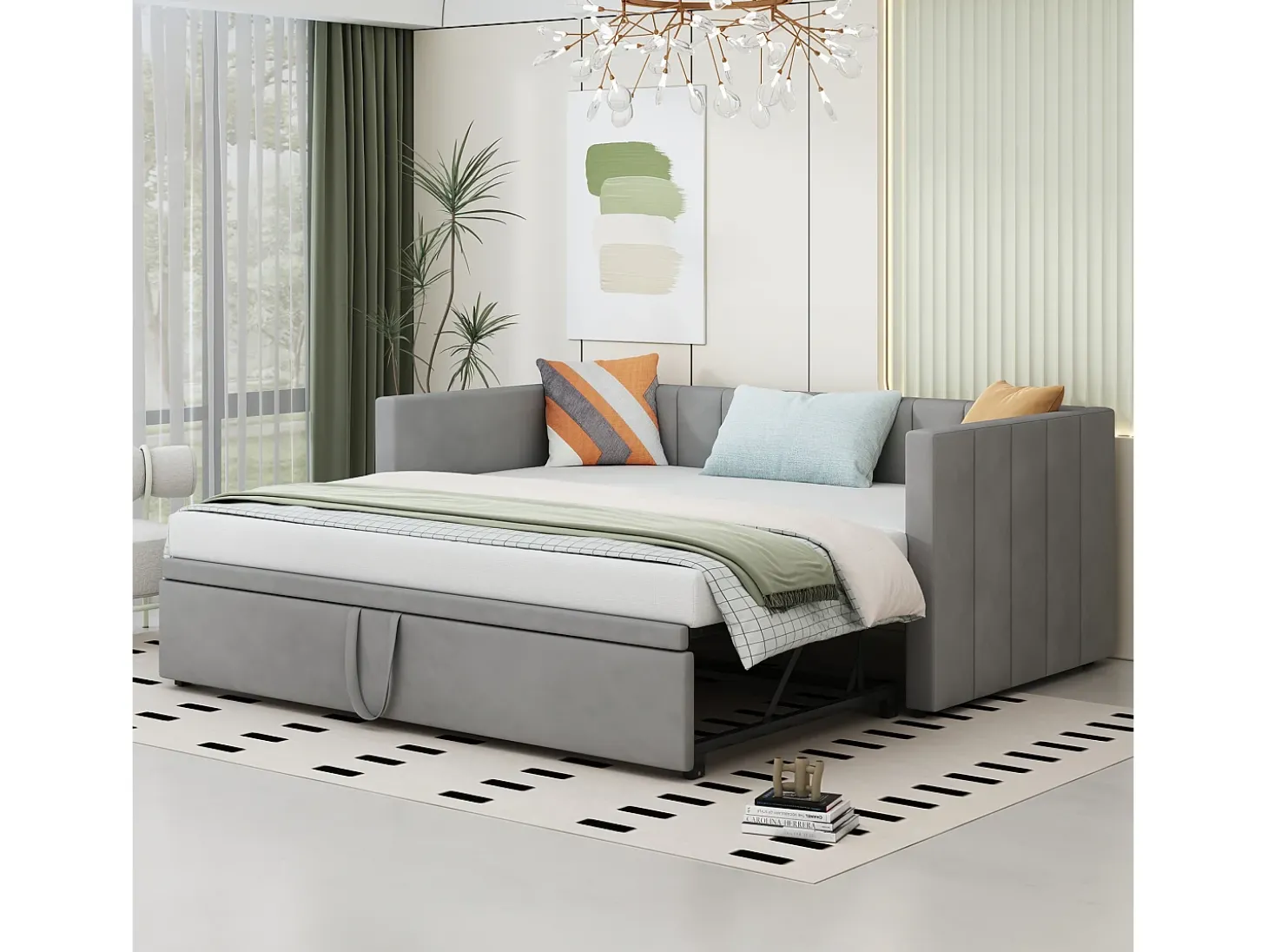 Gaveta estofada 90/180x200cm sofá cama em tecido veludo com base de ripas - Cinza claro