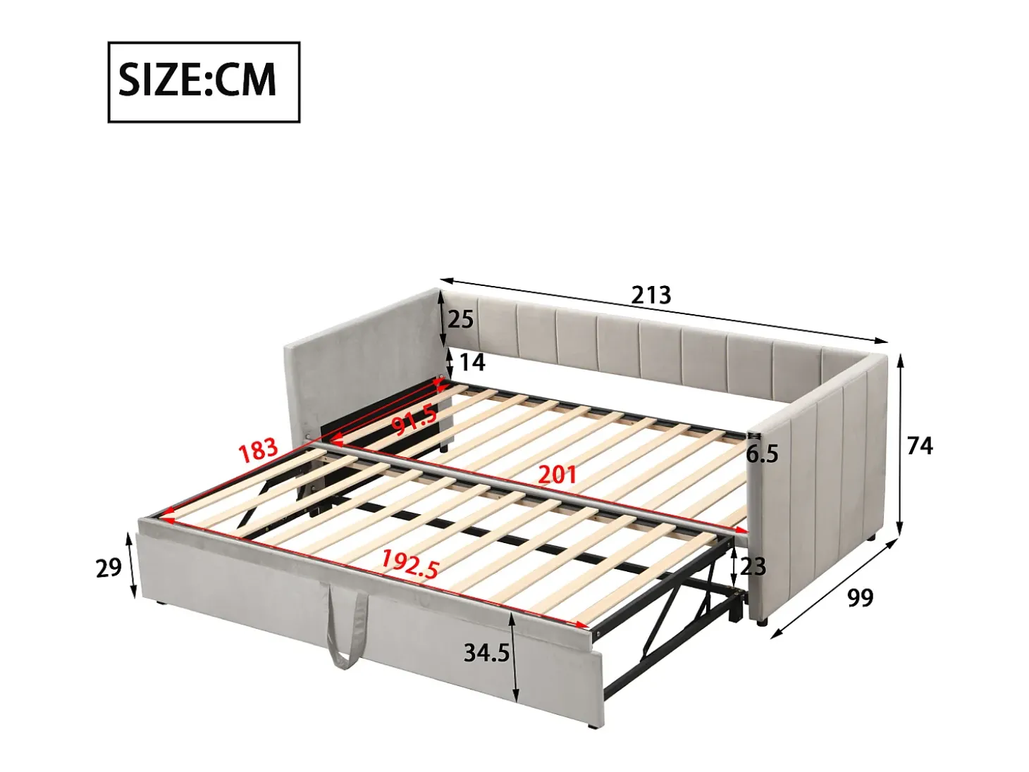 Gaveta estofada 90/180x200cm sofá cama em tecido veludo com base de ripas - Cinza claro