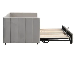 Gaveta estofada 90/180x200cm sofá cama em tecido veludo com base de ripas - Cinza claro