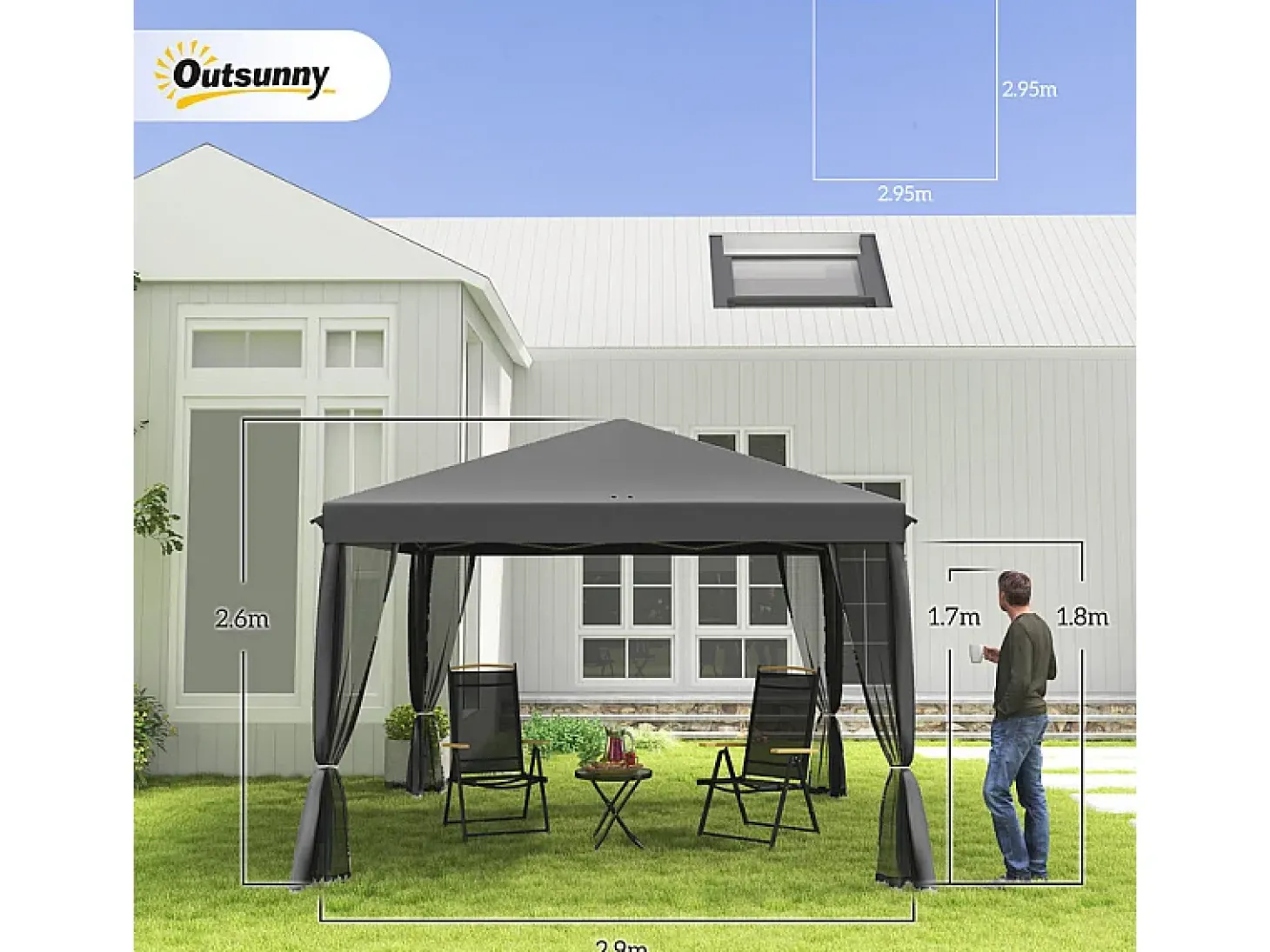 Gazebo de aço e tecido Oxford 420D - 3x3m 9 m² - com cortinas - 2 portas com zíper