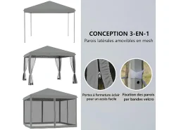 Gazebo de aço e tecido Oxford 420D - 3x3m 9 m² - com cortinas - 2 portas com zíper