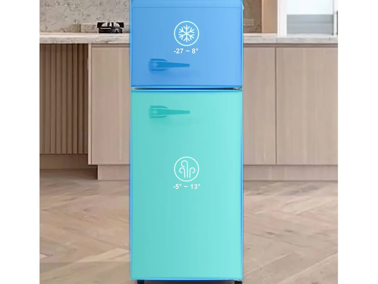 Geladeira de duas dotas, 28L + 64L, com 3 prateleiras e LEDs, -27 ° C a 13 ° C, 116 kWh/ano, eficiência energética de