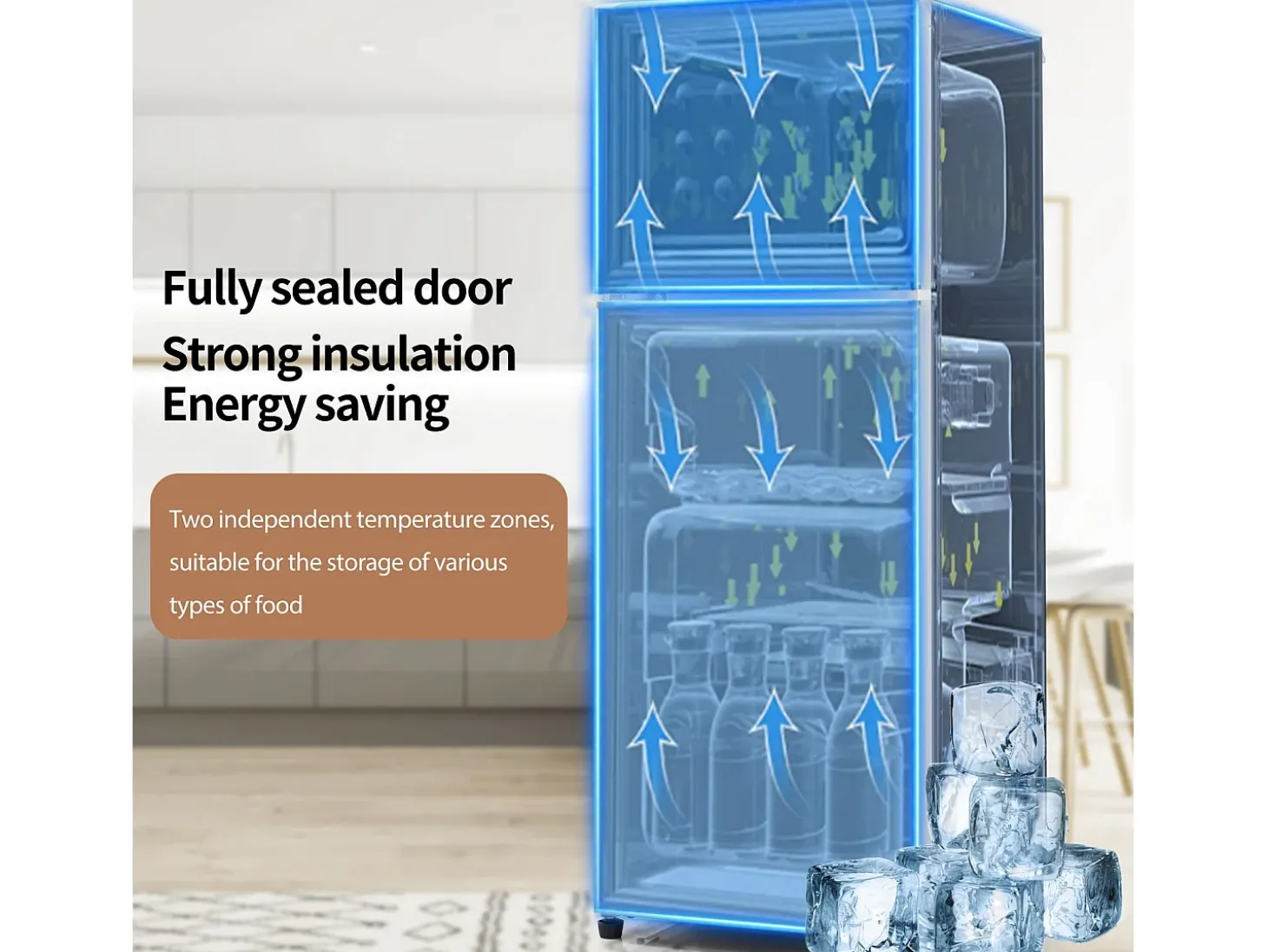 Geladeira de duas dotas, 28L + 64L, com 3 prateleiras e LEDs, -27 ° C a 13 ° C, 116 kWh/ano, eficiência energética de