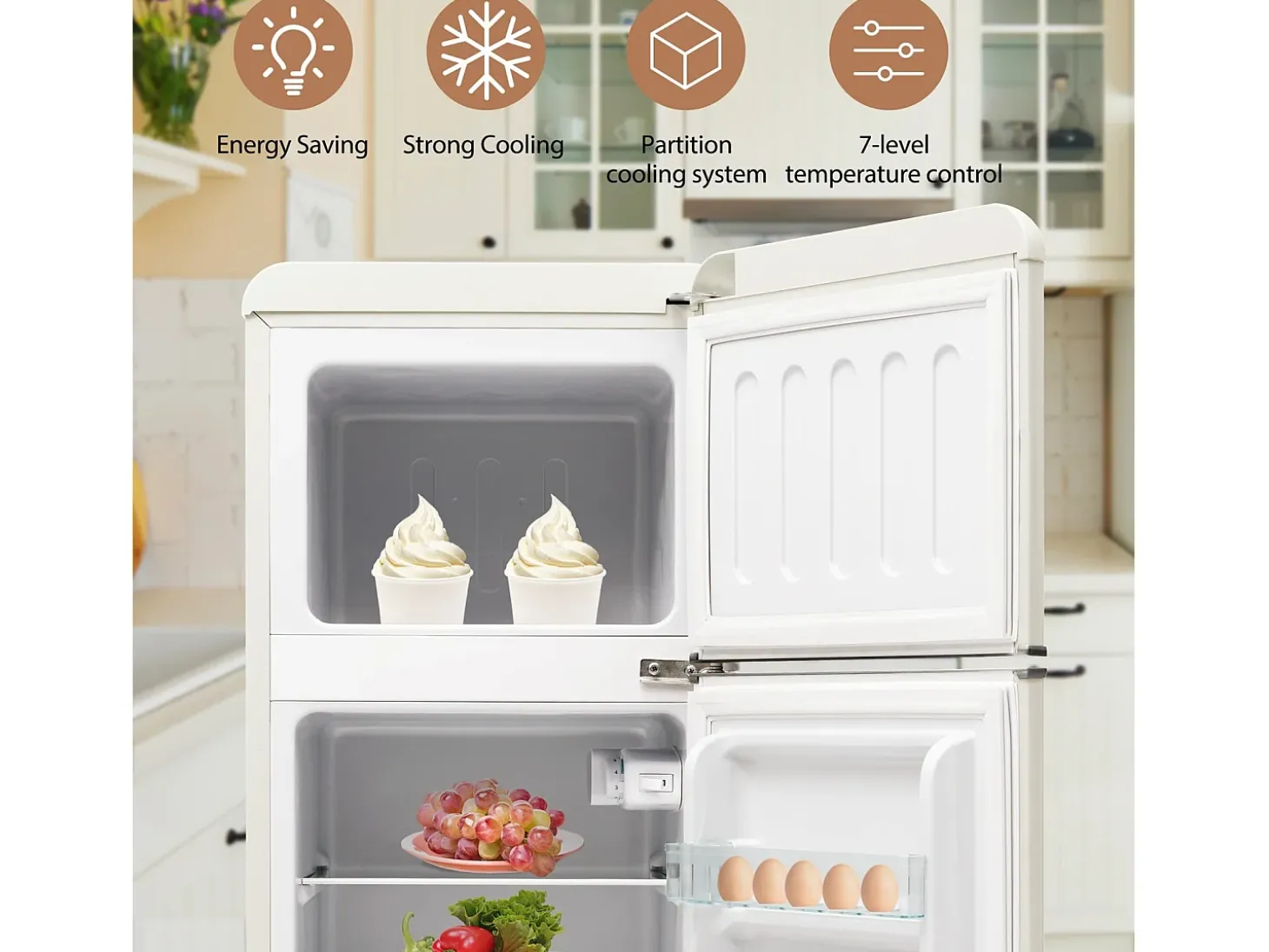 Geladeira de duas dotas, 28L + 64L, com 3 prateleiras e LEDs, -27 ° C a 13 ° C, 116 kWh/ano, eficiência energética de
