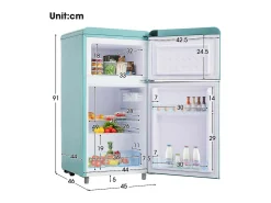 Geladeira de porta dupla com ajuste e rodízios - 72L - 120kWh/ano - baixo nível de ruído de 39 dB - classe E - 45x44x91cm