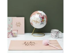 Globo Terrestre Decorativo Girly Branco Rosa Dourado 21,5 cm em Metal e Papel, Design Único "Sou Única"