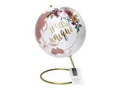 Globo Terrestre Decorativo Girly Branco Rosa Dourado 21,5 cm em Metal e Papel, Design Único 
