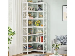 Grande biblioteca em ângulo moderno com 7 prateleiras e estrutura de metal para salão, casa e escritório (branco)