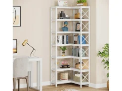 Grande biblioteca em ângulo moderno com 7 prateleiras e estrutura de metal para salão, casa e escritório (branco)