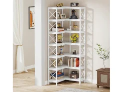 Grande biblioteca em ângulo moderno com 7 prateleiras e estrutura de metal para salão, casa e escritório (branco)