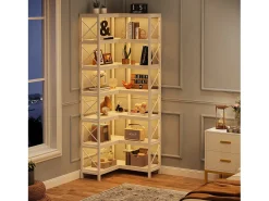 Grande biblioteca em ângulo moderno com 7 prateleiras e estrutura de metal para salão, casa e escritório (branco)