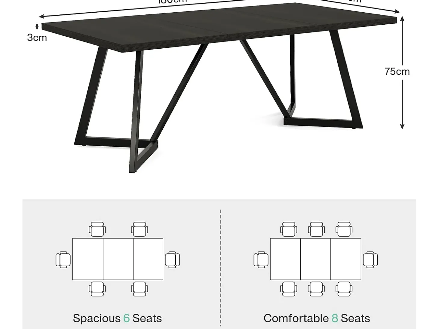 Grande mesa retangular para notebook com estrutura de metal - 180 cm - para o escritório em casa - Preta