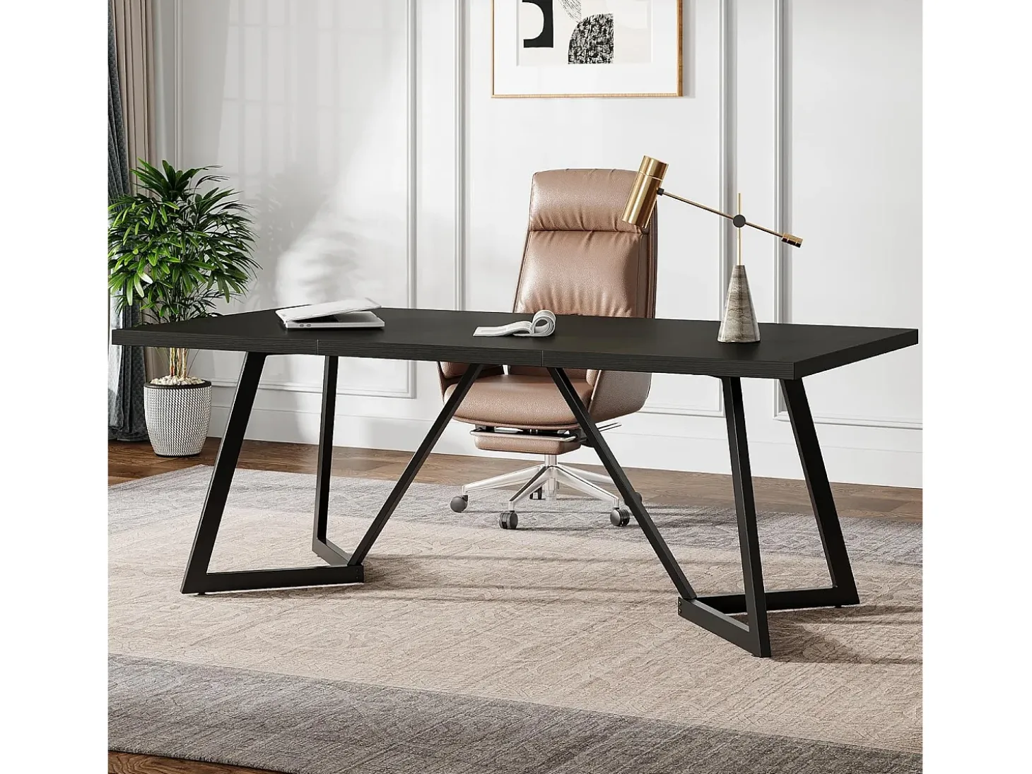Grande mesa retangular para notebook com estrutura de metal - 180 cm - para o escritório em casa - Preta