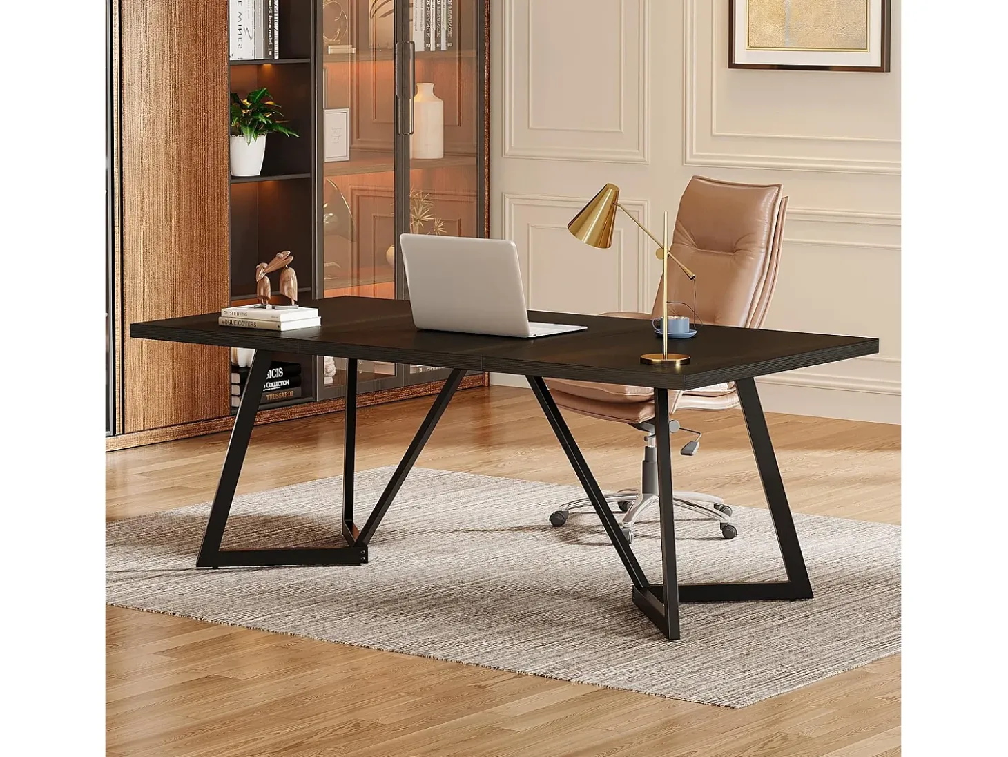 Grande mesa retangular para notebook com estrutura de metal - 180 cm - para o escritório em casa - Preta