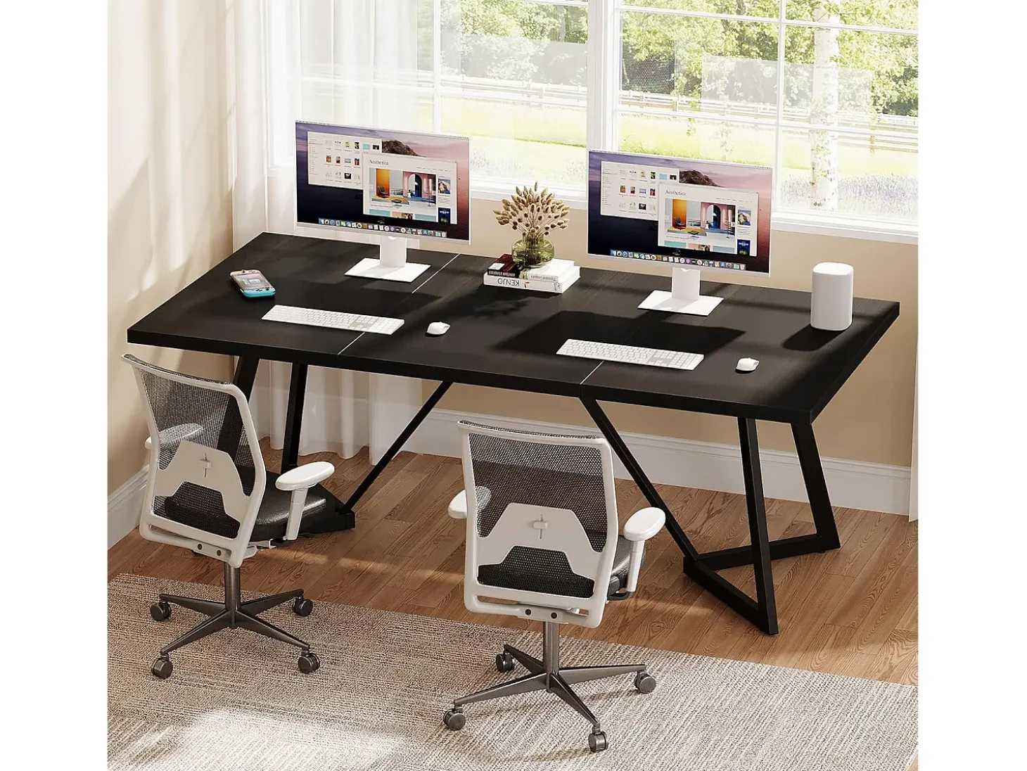 Grande mesa retangular para notebook com estrutura de metal - 180 cm - para o escritório em casa - Preta