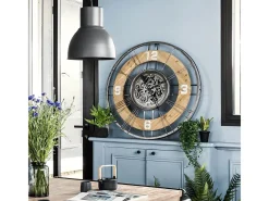Grande Relógio de Parede Silencioso em Metal e Madeira D 90 cm Multicolor
