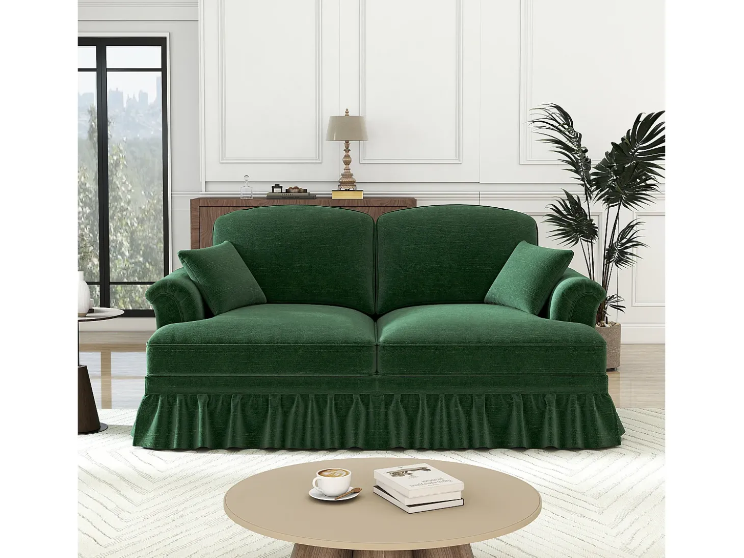 Grande Sofá 2 Lugares em Chenille - Capa Removível e 2 Almofadas - 194x83.5x93cm - Verde
