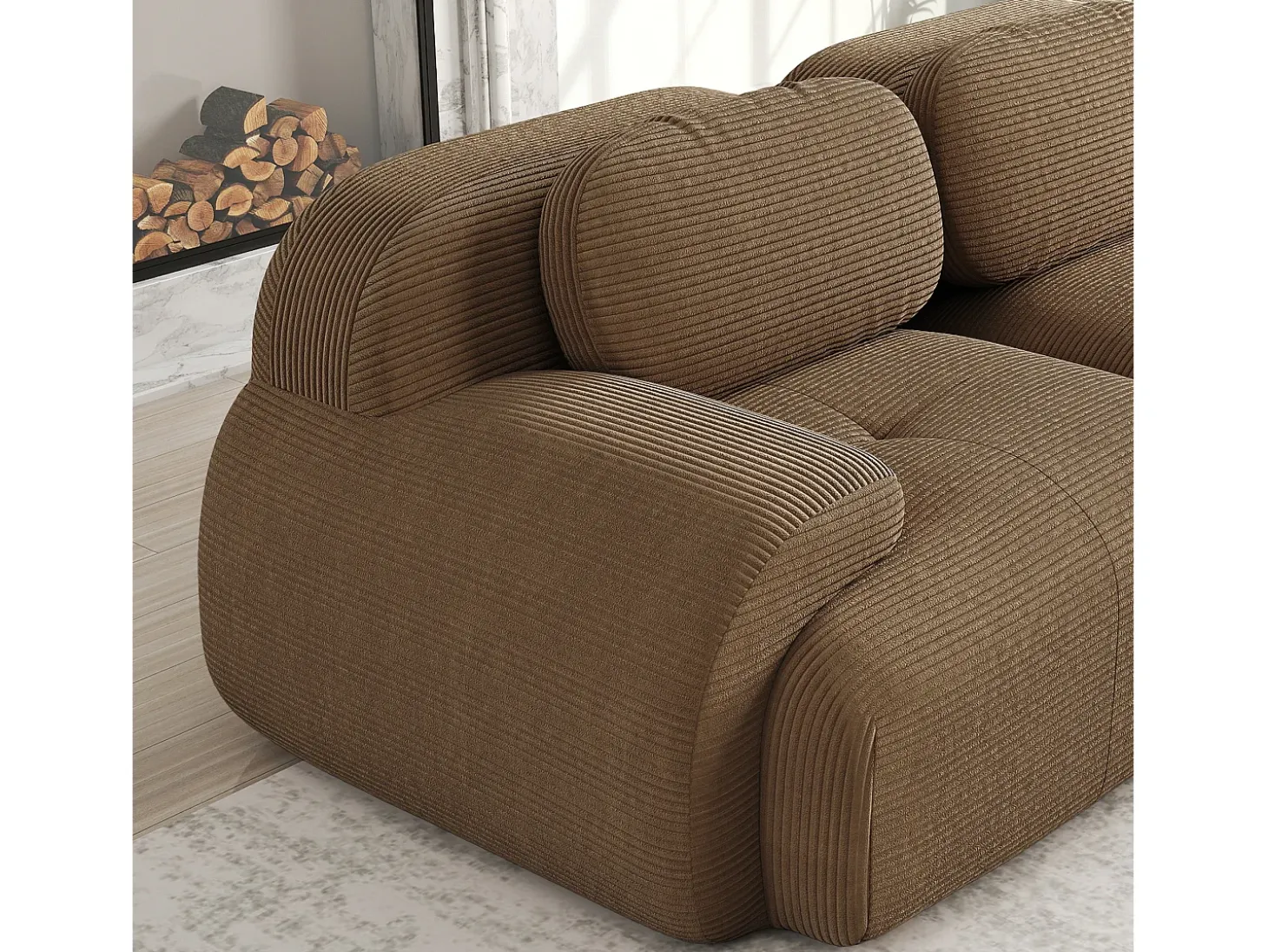 Grande sofá de canto modular 388cm - em Veludo cotelê - com 4 almofadas e 2 puffs - ergonômico - Marrom