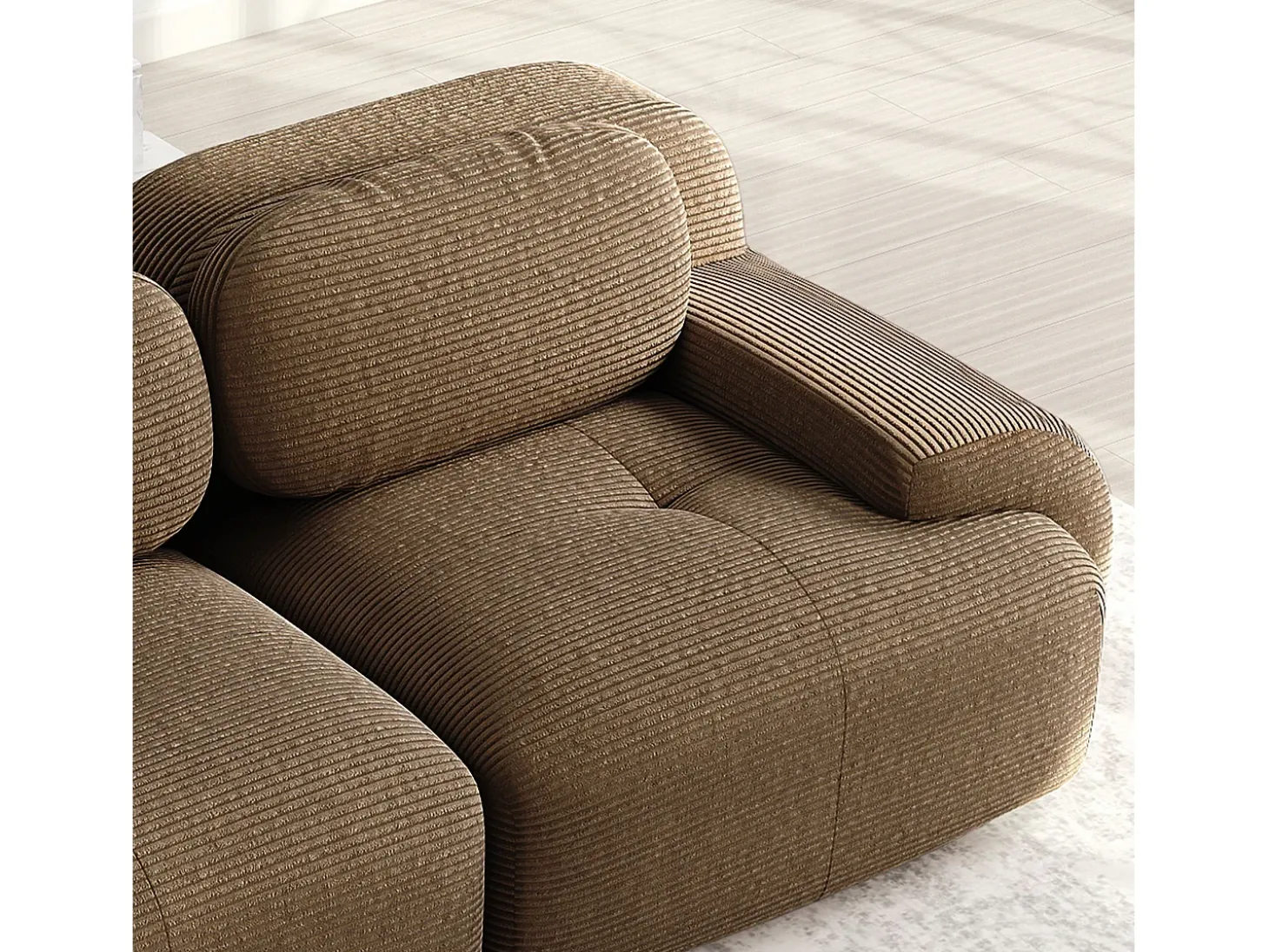 Grande sofá de canto modular 388cm - em Veludo cotelê - com 4 almofadas e 2 puffs - ergonômico - Marrom