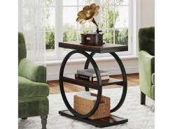 Guarda - coisas estreita com 3 níveis, Mesa de sala em madeira com estrutura em metal preto, Mesa baixa industrial para sofá