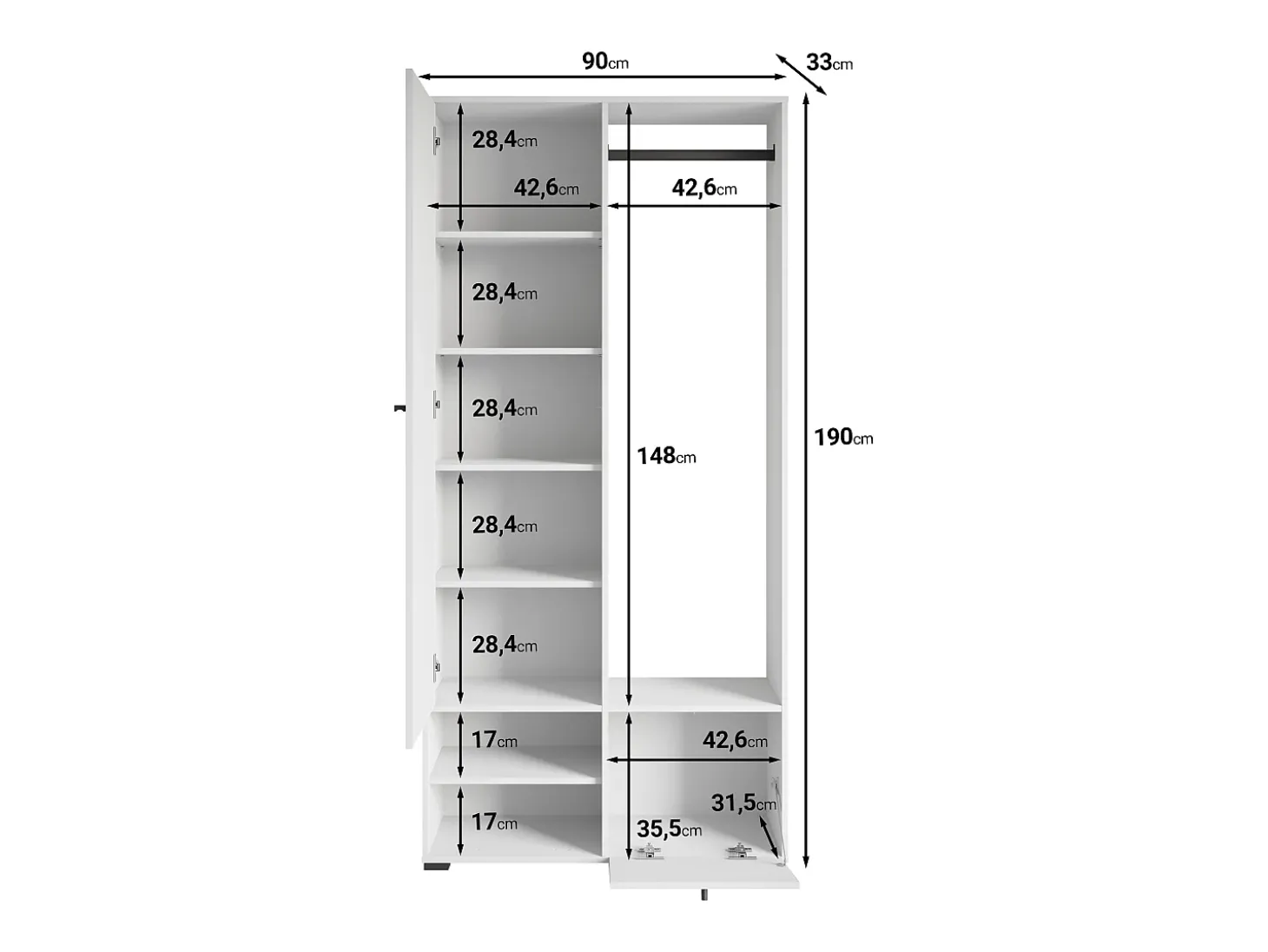 Guarda roupa moderna 90 cm roupeiro de entrada com espelho prateleiras e varão mate matera kastanien breslau