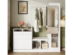 Guarda-roupa 6 em 1 - 163 x 35 x 161 cm - espelho + banco e sapateira + vitrina + LEDs - aglomerado - branco