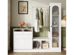 Guarda-roupa 6 em 1 - 163 x 35 x 161 cm - espelho + banco e sapateira + vitrina + LEDs - aglomerado - branco