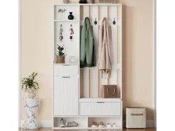 Guarda-roupa 6 em 1 100×30×180 cm - com 8 ganchos e banco para sapatos - com 2 gavetas e 1 porta - com sapateiro - branco