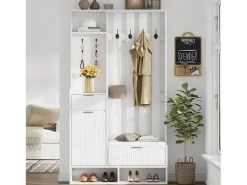 Guarda-roupa 6 em 1 100×30×180 cm - com 8 ganchos e banco para sapatos - com 2 gavetas e 1 porta - com sapateiro - branco